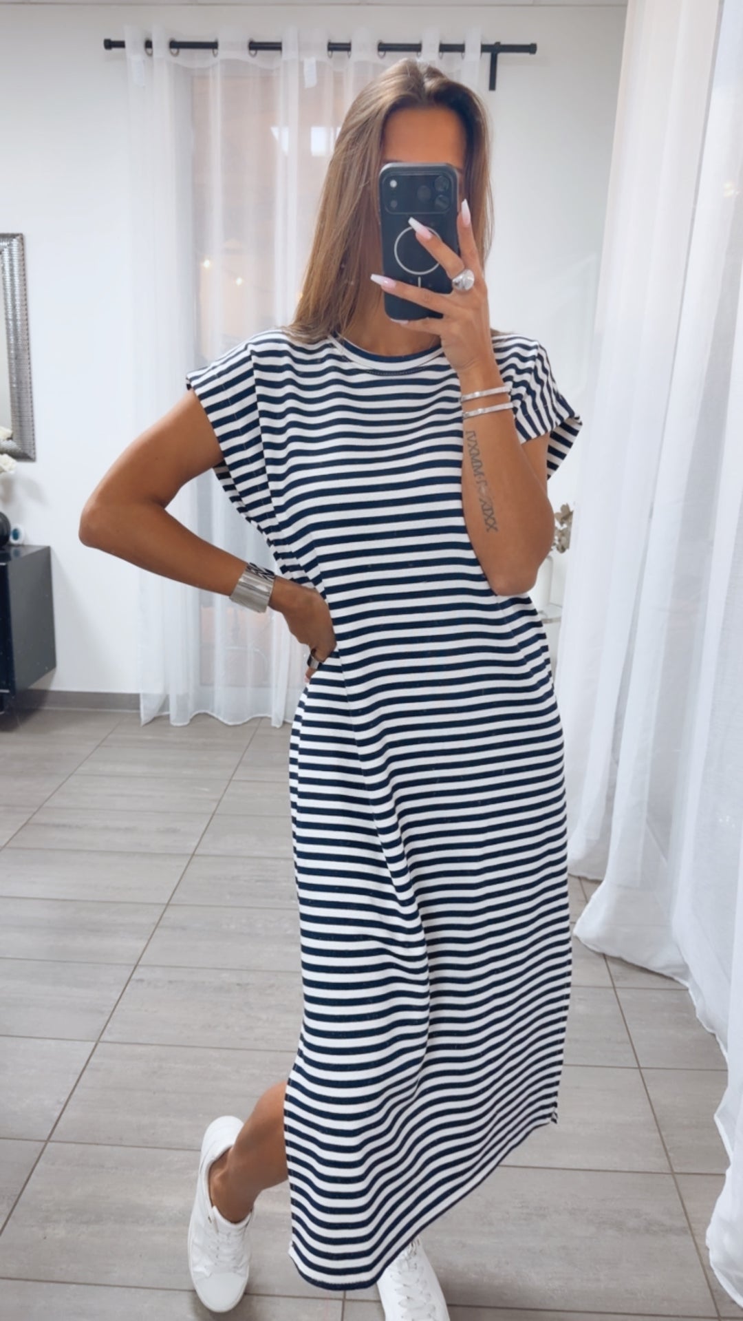 GESTREIFTES MIDI T-Shirt Kleid / dunkel blau - weiß Art.15111