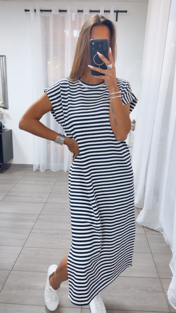 GESTREIFTES MIDI T-Shirt Kleid / dunkel blau - weiß Art.15111