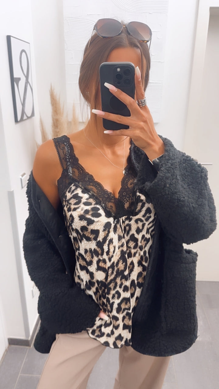 Leo Top mit Spitzen Applikationen / schwarz - dunkel Art. 7829