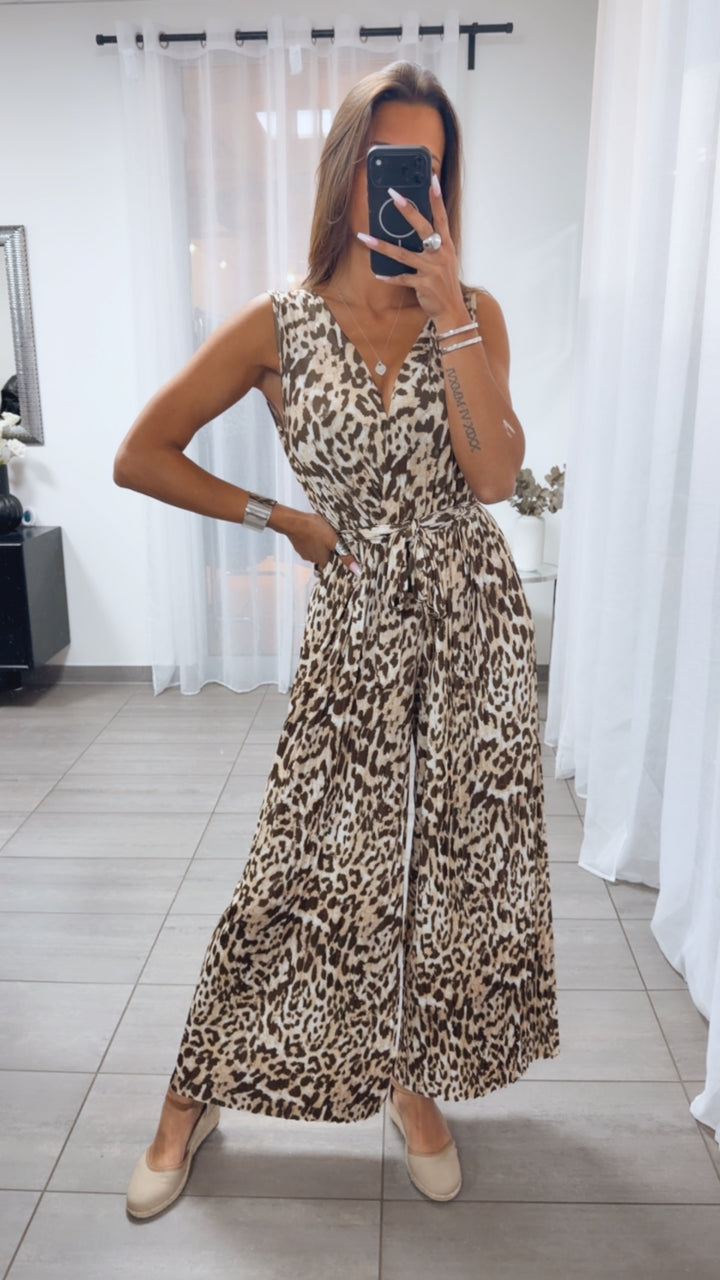LEO langer Plissee Jumpsuit, schöner Ausschnitt / braun - beige - weiß Art. 14462