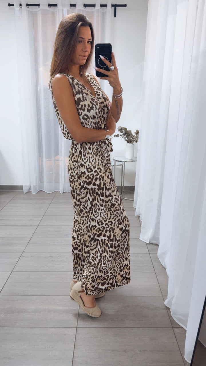 LEO langer Plissee Jumpsuit, schöner Ausschnitt / braun - beige - weiß Art. 14462