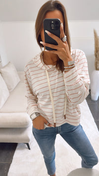 leichter Kapuzen Pullover mit Streifen / creme - rosa Art. 9138