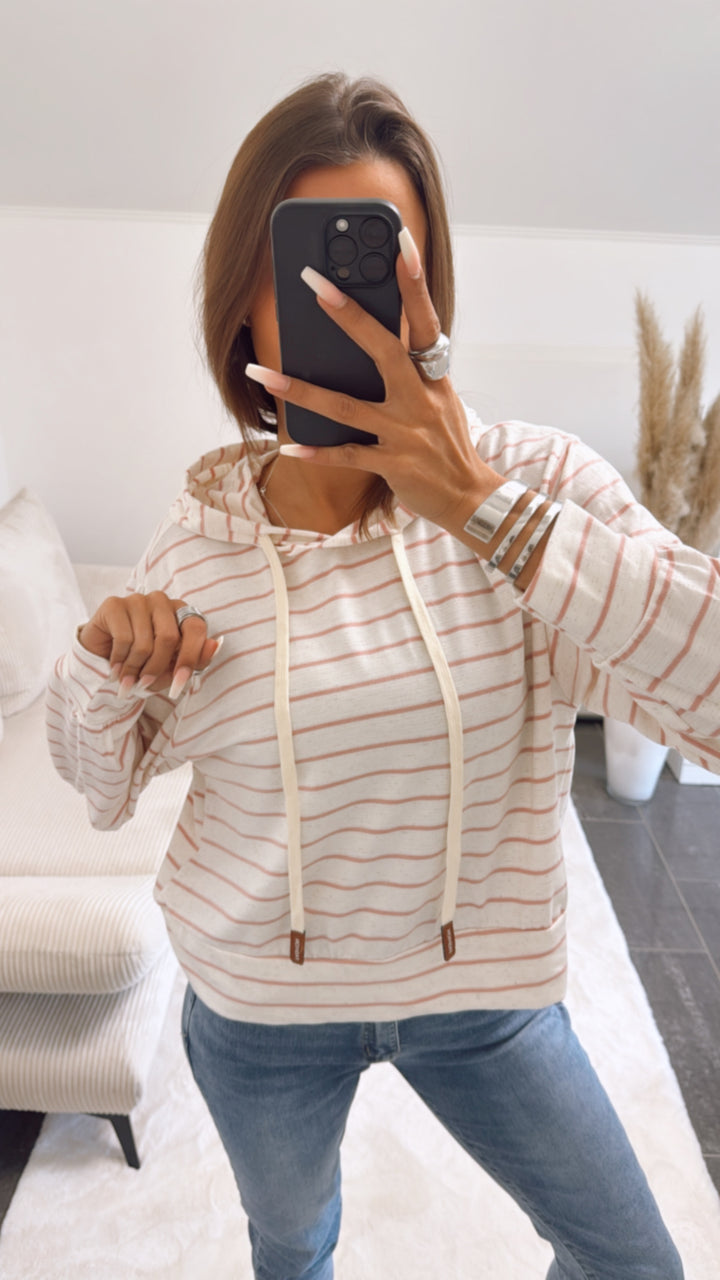 leichter Kapuzen Pullover mit Streifen / creme - rosa Art. 9138