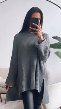Stehkragen Strick Pullover mit Schlitz / dunkel grau Art. 3502