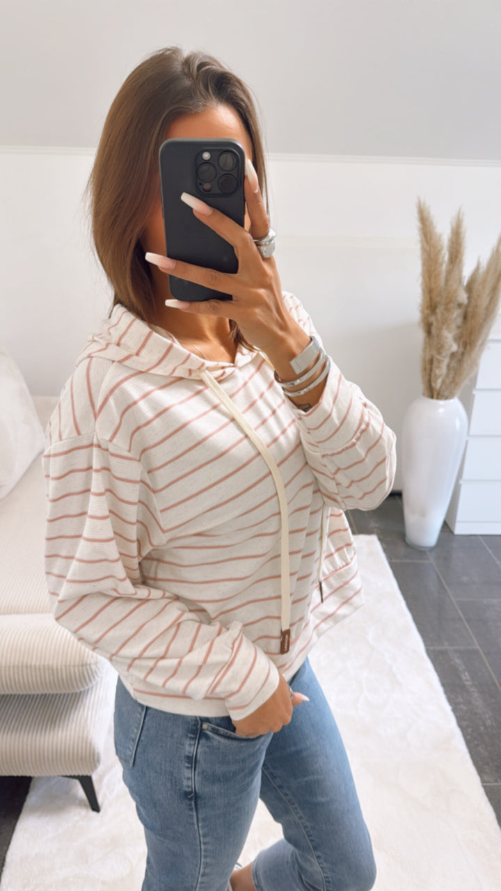 leichter Kapuzen Pullover mit Streifen / creme - rosa Art. 9138