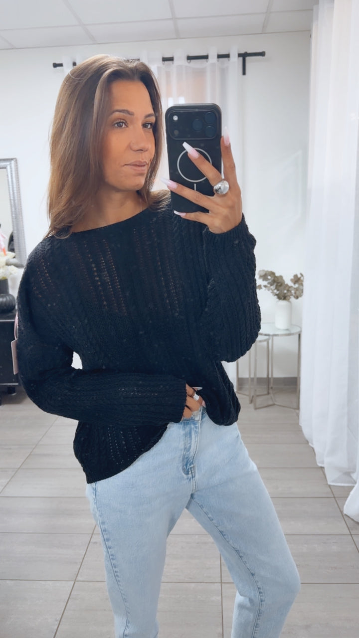 leichter Strick Pullover mit Zopfmuster / schwarz Art. 14904