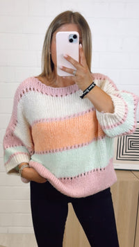 Loch Pullover im Bubblegum Look / rosa - beige - mint - soft orange Art. 11020