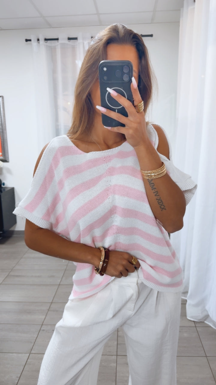 Strick T Shirt Gestreift mit Cut-Out an den Schultern / rosa- weiß Art.14981