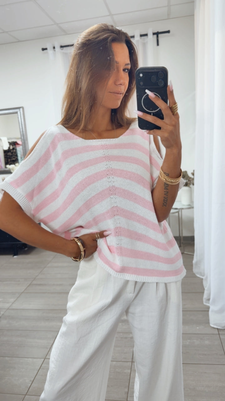 Strick T Shirt Gestreift mit Cut-Out an den Schultern / rosa- weiß Art.14981