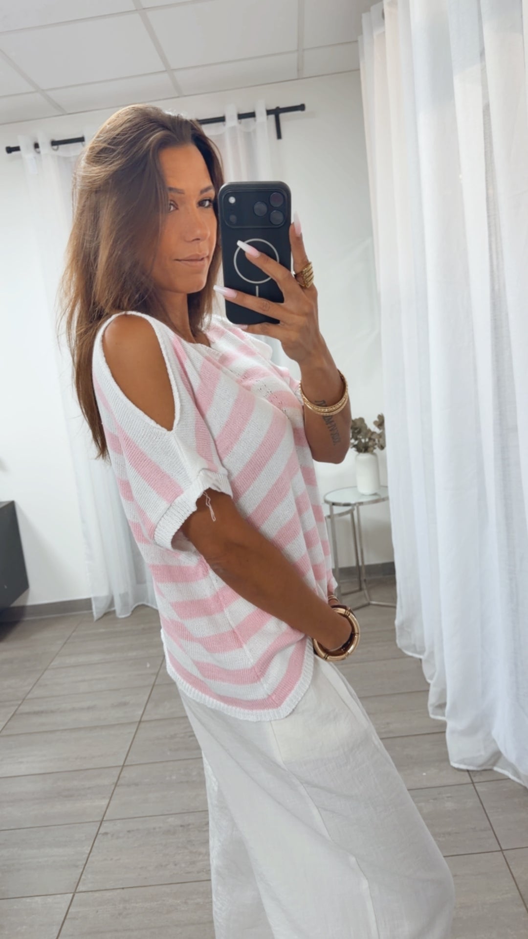 Strick T Shirt Gestreift mit Cut-Out an den Schultern / rosa- weiß Art.14981
