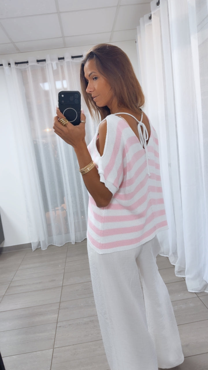 Strick T Shirt Gestreift mit Cut-Out an den Schultern / rosa- weiß Art.14981