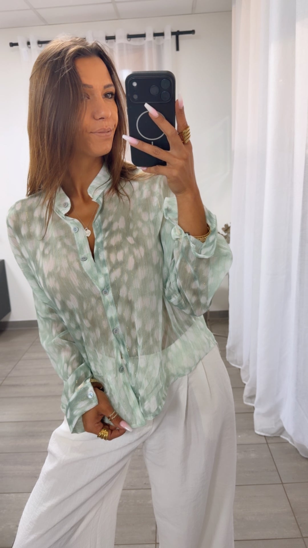Sommer Bluse mit Goldenem Garn / mint - weiss Art. 14938