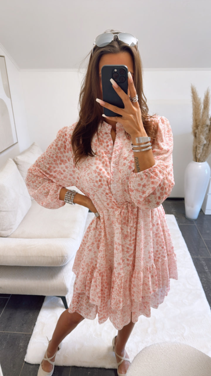 Chiffon Kleid mit verstellbarer Taille, florales Muster / rosa Art. 9149