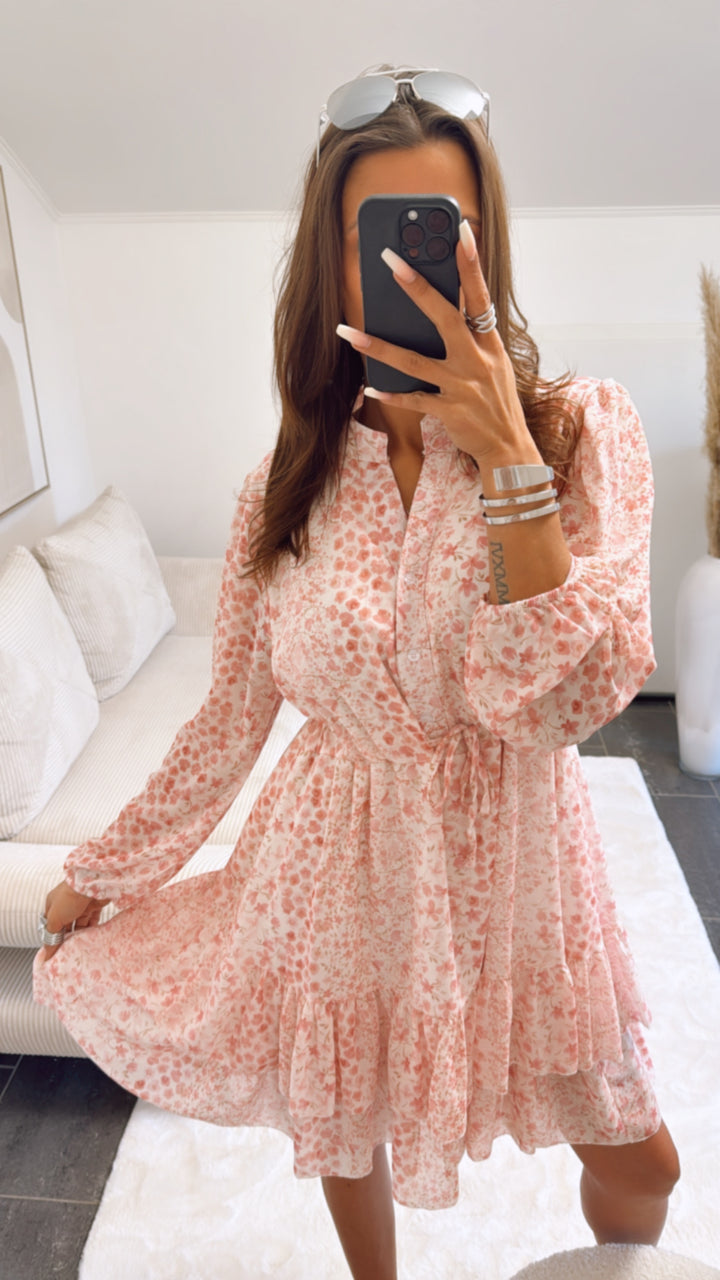 Chiffon Kleid mit verstellbarer Taille, florales Muster / rosa Art. 9149