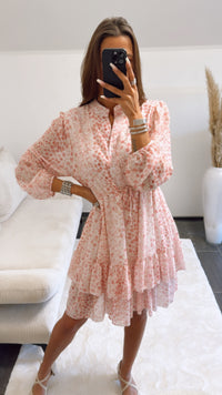 Chiffon Kleid mit verstellbarer Taille, florales Muster / rosa Art. 9149