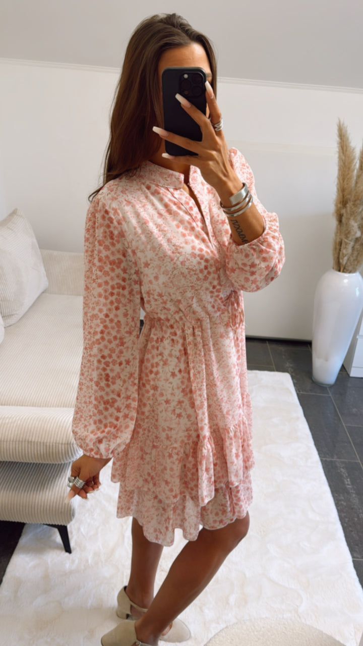 Chiffon Kleid mit verstellbarer Taille, florales Muster / rosa Art. 9149