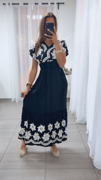 MAXI Kleid mit floralen Stickereien / schwarz - creme Art.15134
