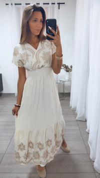 MAXI Kleid mit floralen Stickereien / creme - beige Art.15135