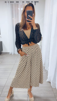 Punkte-Culotte mit Rock-Optik – luftige 3/4 Hose mit Taschen / beige - schwarz Art.15143