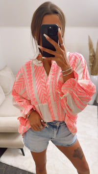 PREMIUM Summer Vibe weite Bluse / pink - weiss Art. 9161