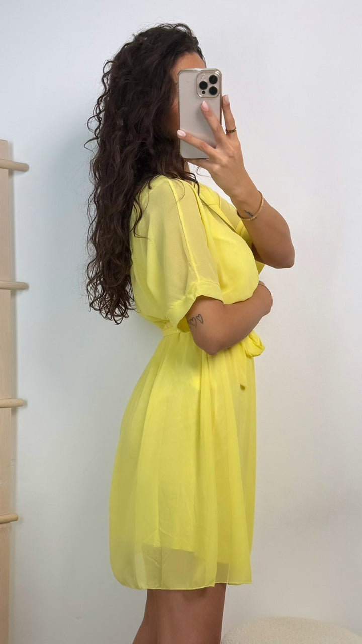 CHIFFON Kleid mit kurzen Ärmeln / soft gelb Art.15138