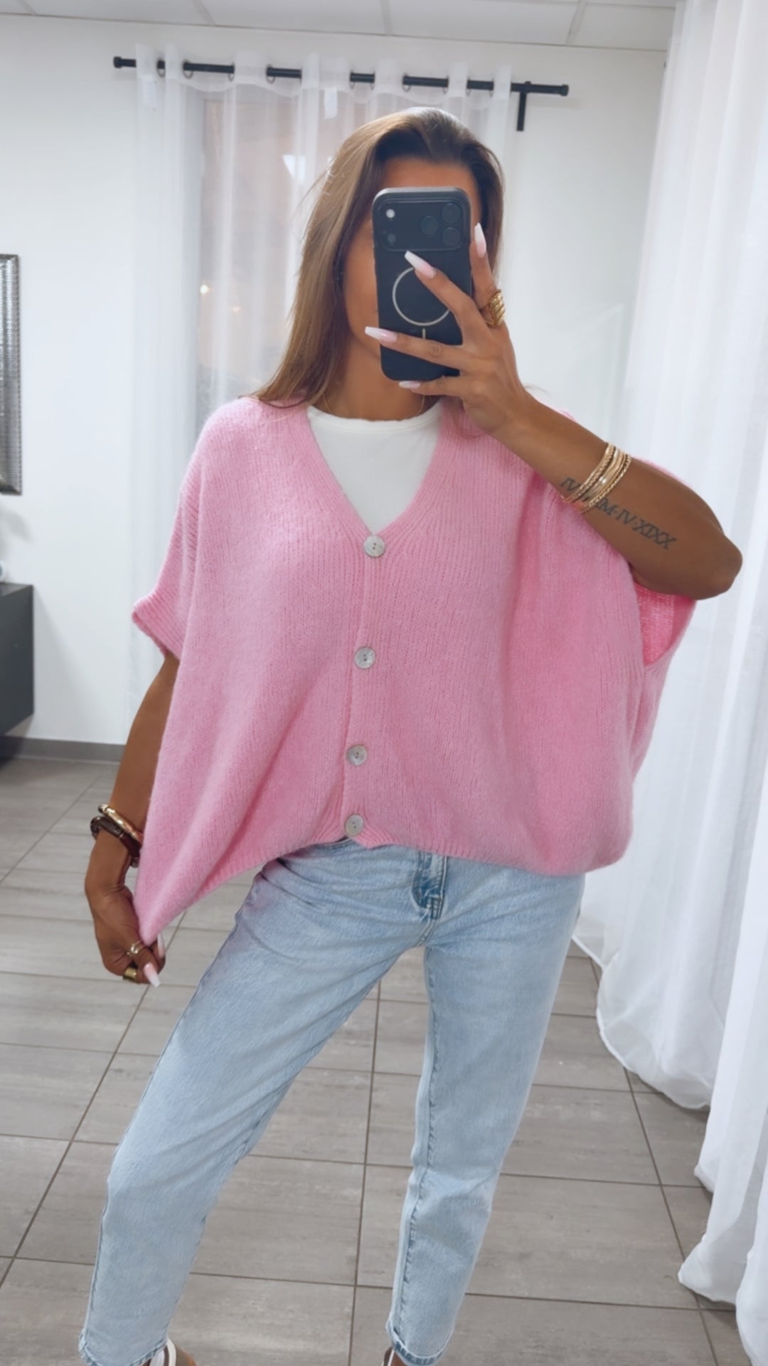 oversize Strick Pullunder, Perlmutt Optik Knöpfe / soft pink Art. 14414