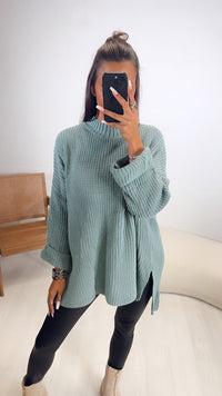 Stehkragen oversize Pullover mit Schlitz / light petrol Art. 7940