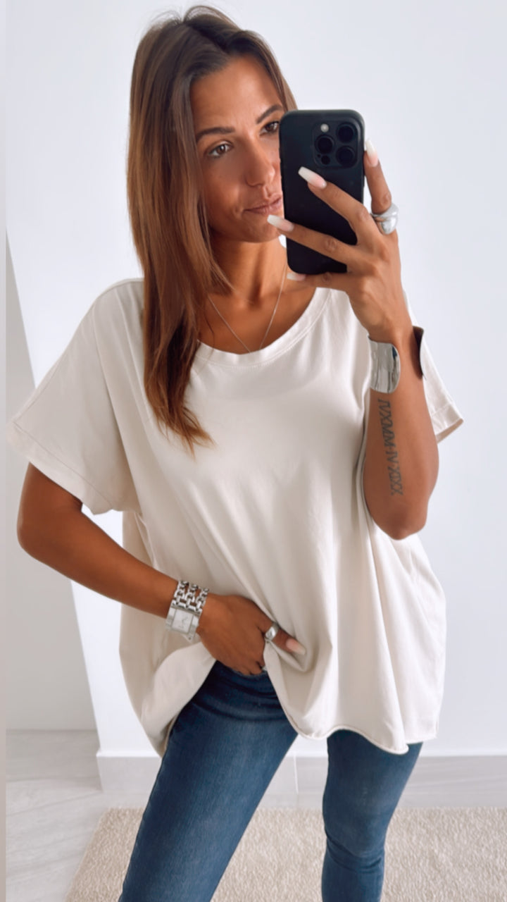 Baumwoll Vokuhila Long T-Shirt / creme beige Art. 11062