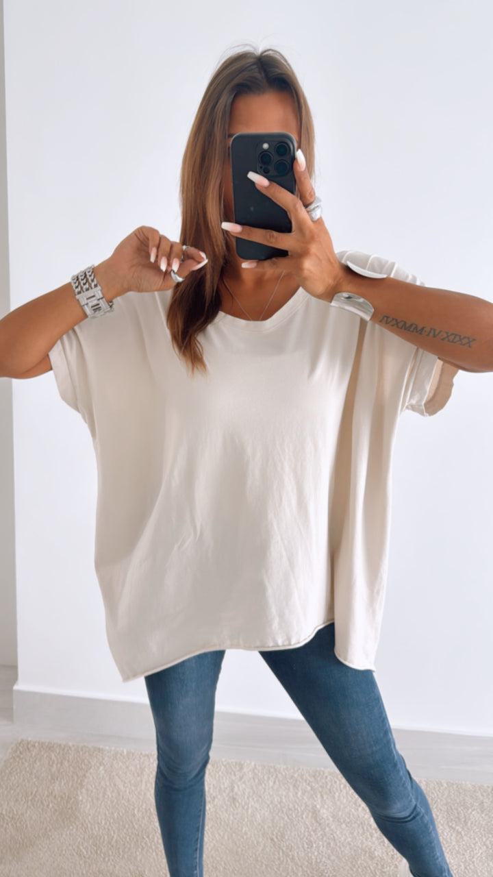 Baumwoll Vokuhila Long T-Shirt / creme beige Art. 11062
