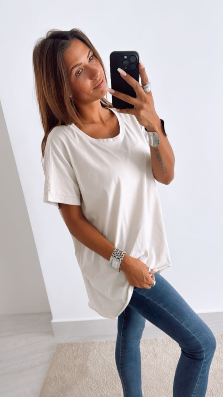 Baumwoll Vokuhila Long T-Shirt / creme beige Art. 11062