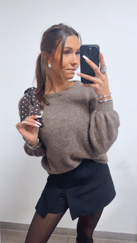 ONE SHOULDER Pullover, Punkte Schleife / braun meliert Art. 13820