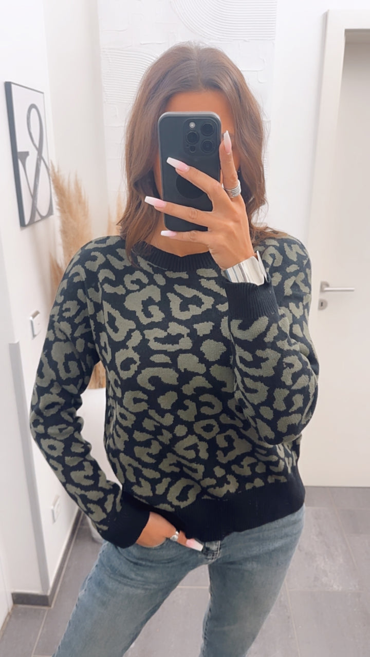 Pullover mit Rundausschnitt, Leo Muster / schwarz - khaki Art. 7970