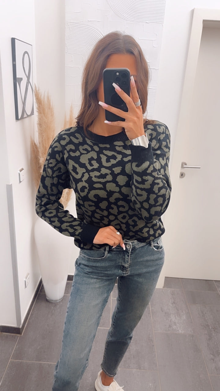 Pullover mit Rundausschnitt, Leo Muster / schwarz - khaki Art. 7970