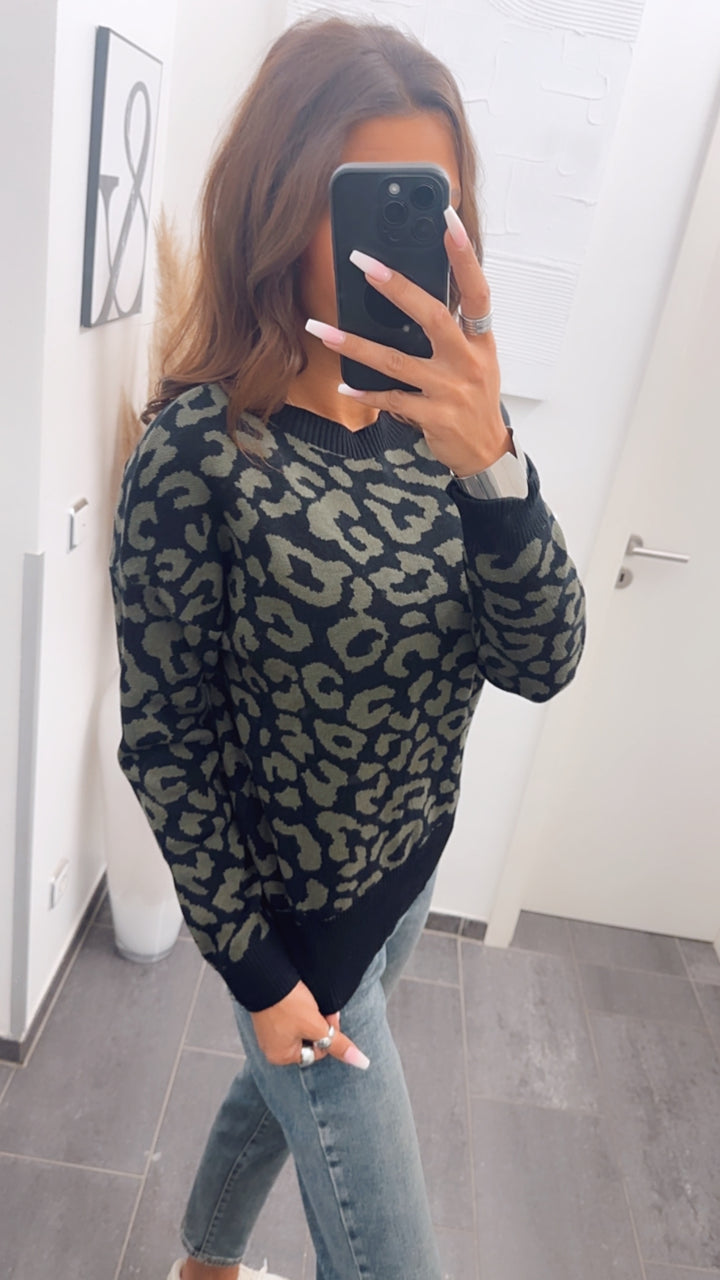 Pullover mit Rundausschnitt, Leo Muster / schwarz - khaki Art. 7970