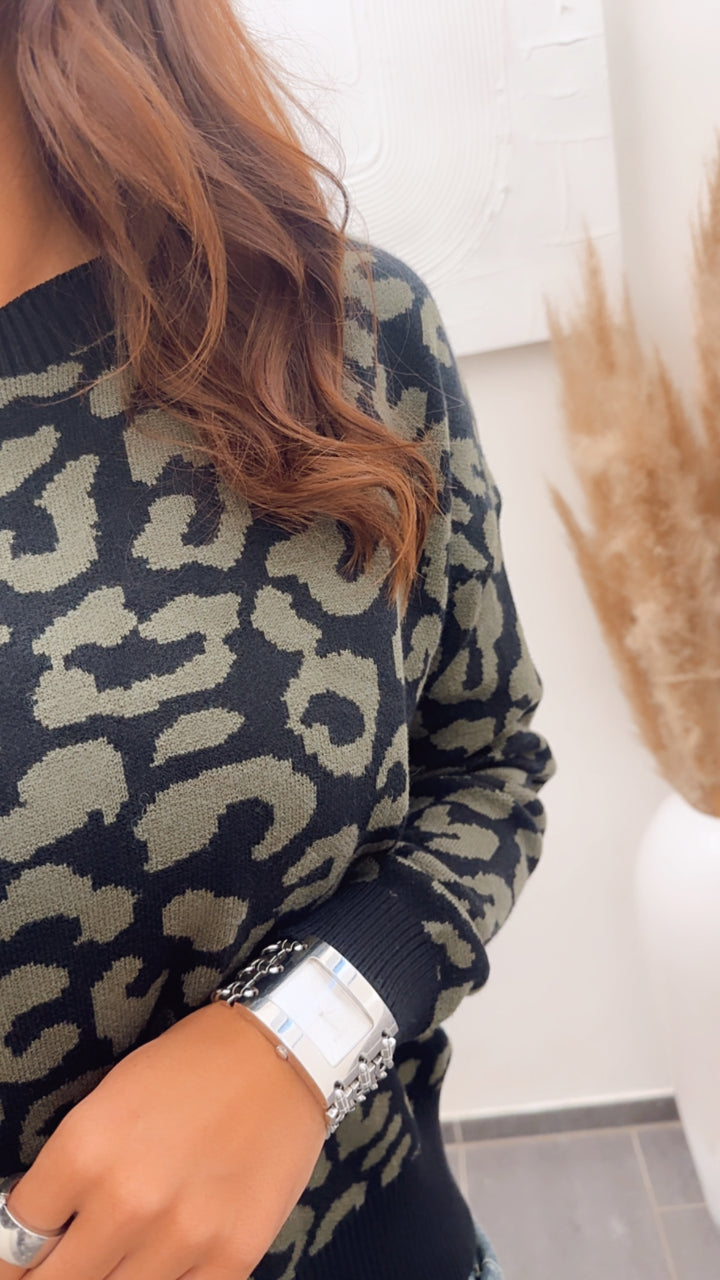 Pullover mit Rundausschnitt, Leo Muster / schwarz - khaki Art. 7970