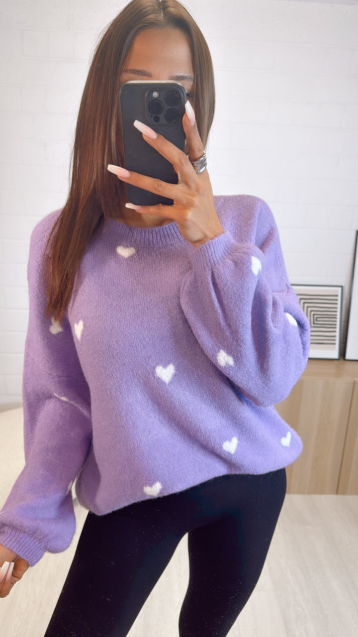 super süßer Pullover mit kleinen Herzen / lila - weiss Art. 9211