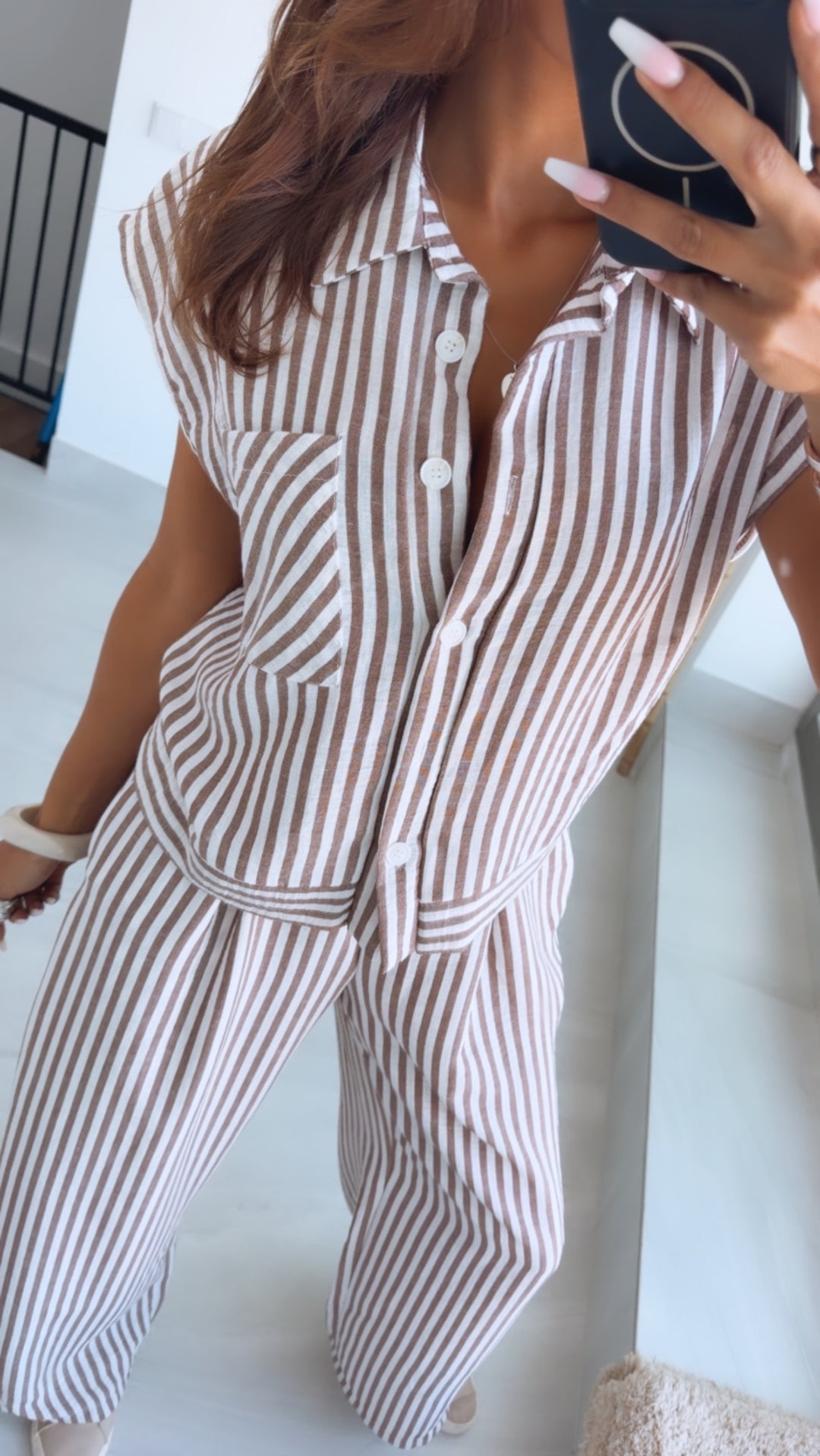 GESTREIFTES SET aus Oversize Bluse und Hose  / taupe - weiß Art.15178