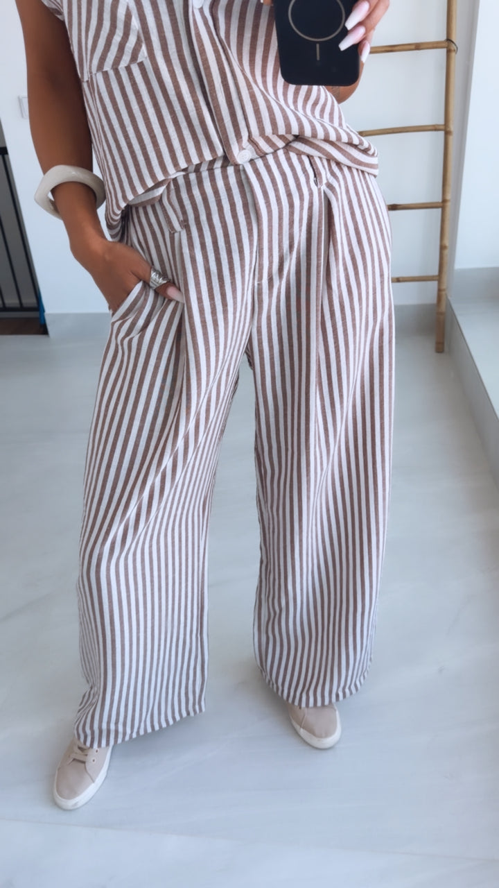 GESTREIFTES SET aus Oversize Bluse und Hose  / taupe - weiß Art.15178