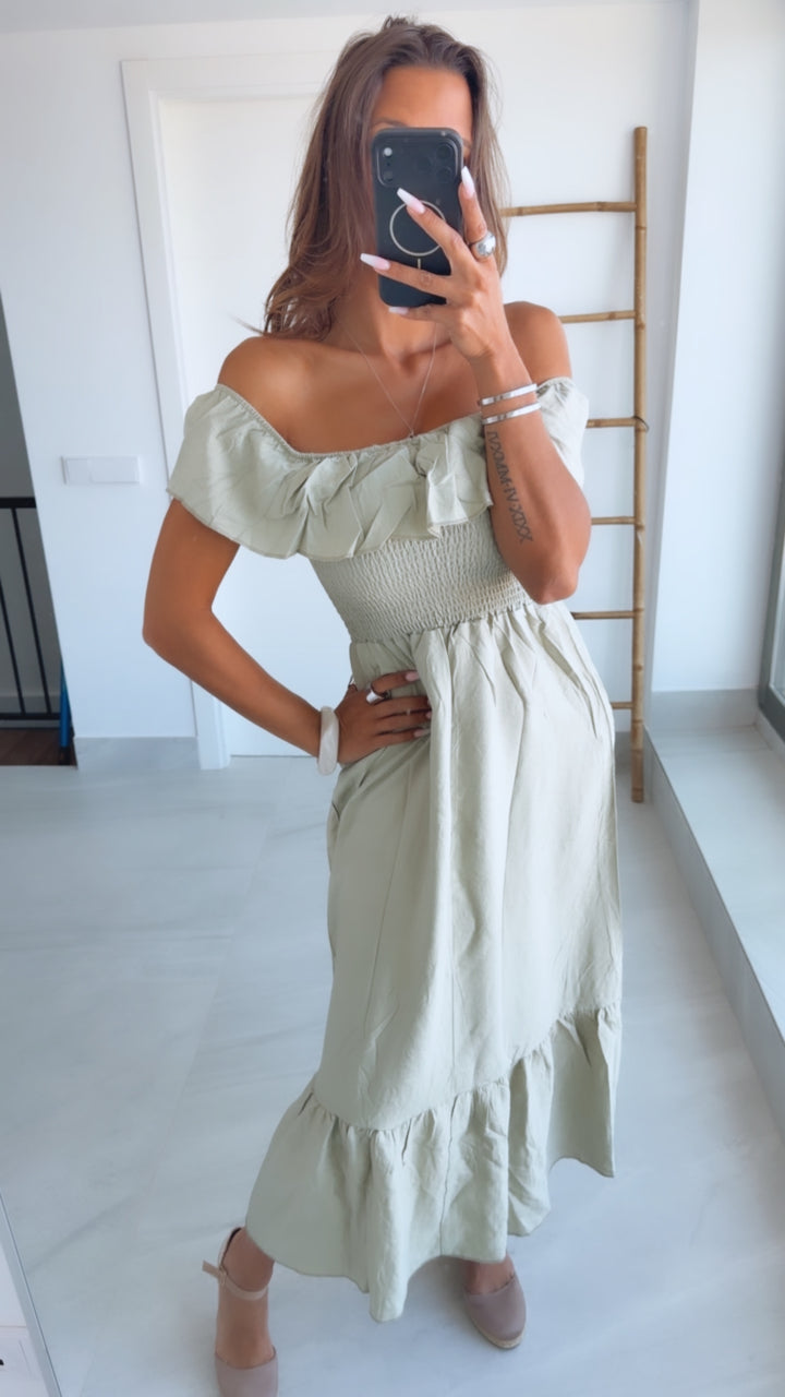 Off-Shoulder Volant Kleid mit gerafften Details / salbei Art.15173