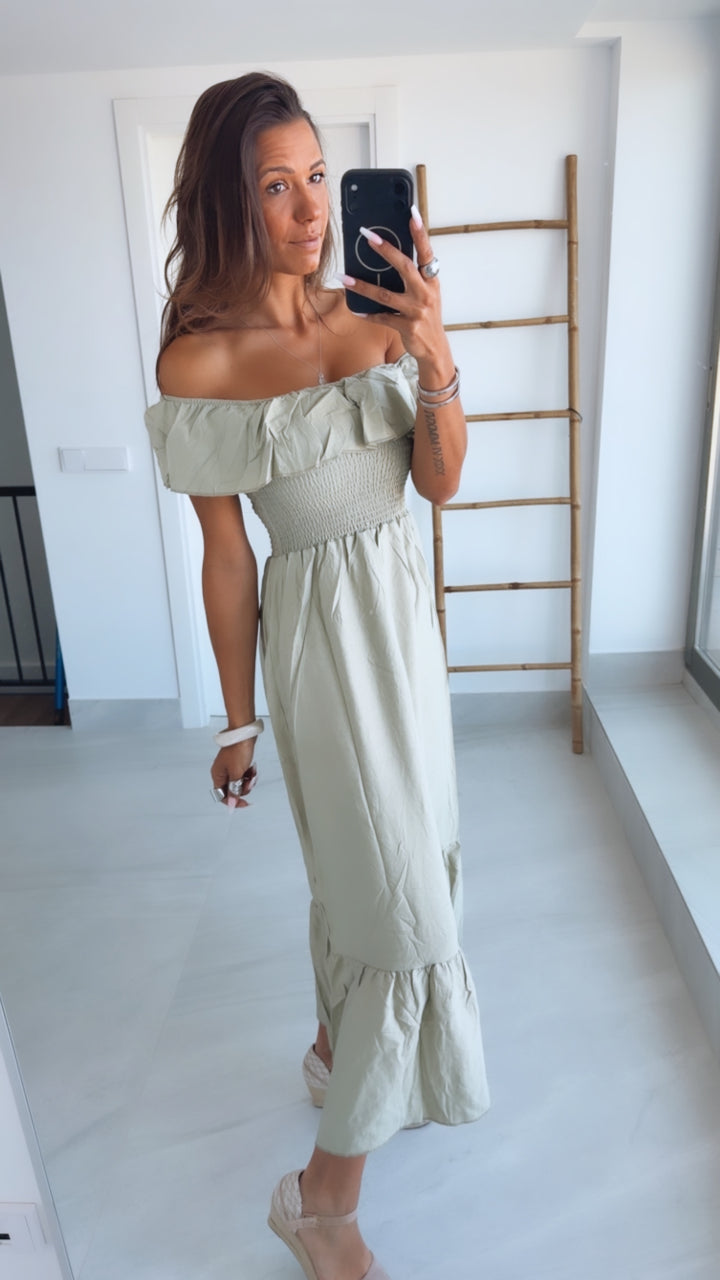 Off-Shoulder Volant Kleid mit gerafften Details / salbei Art.15173