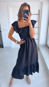 Off-Shoulder Volant Kleid mit gerafften Details /schwarz Art.15172