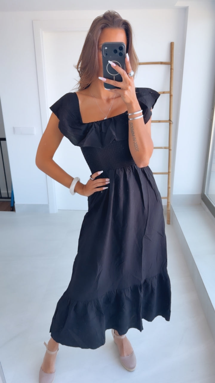 Off-Shoulder Volant Kleid mit gerafften Details /schwarz Art.15172