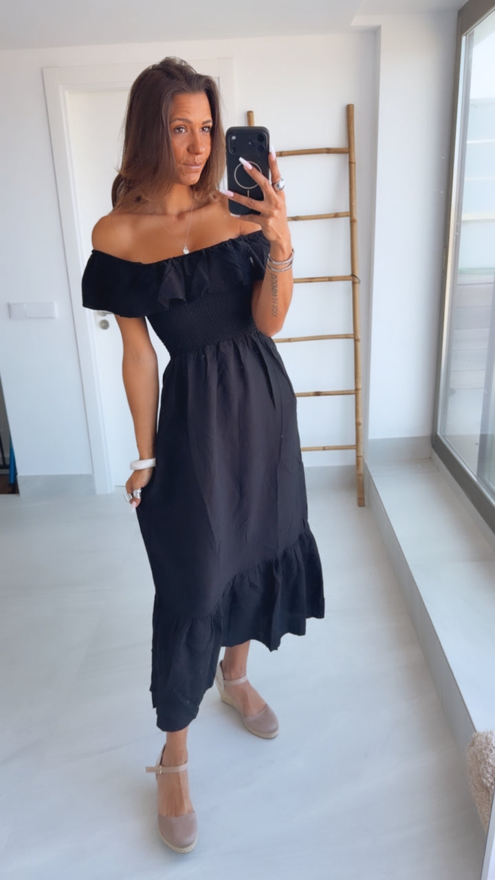 Off-Shoulder Volant Kleid mit gerafften Details /schwarz Art.15172