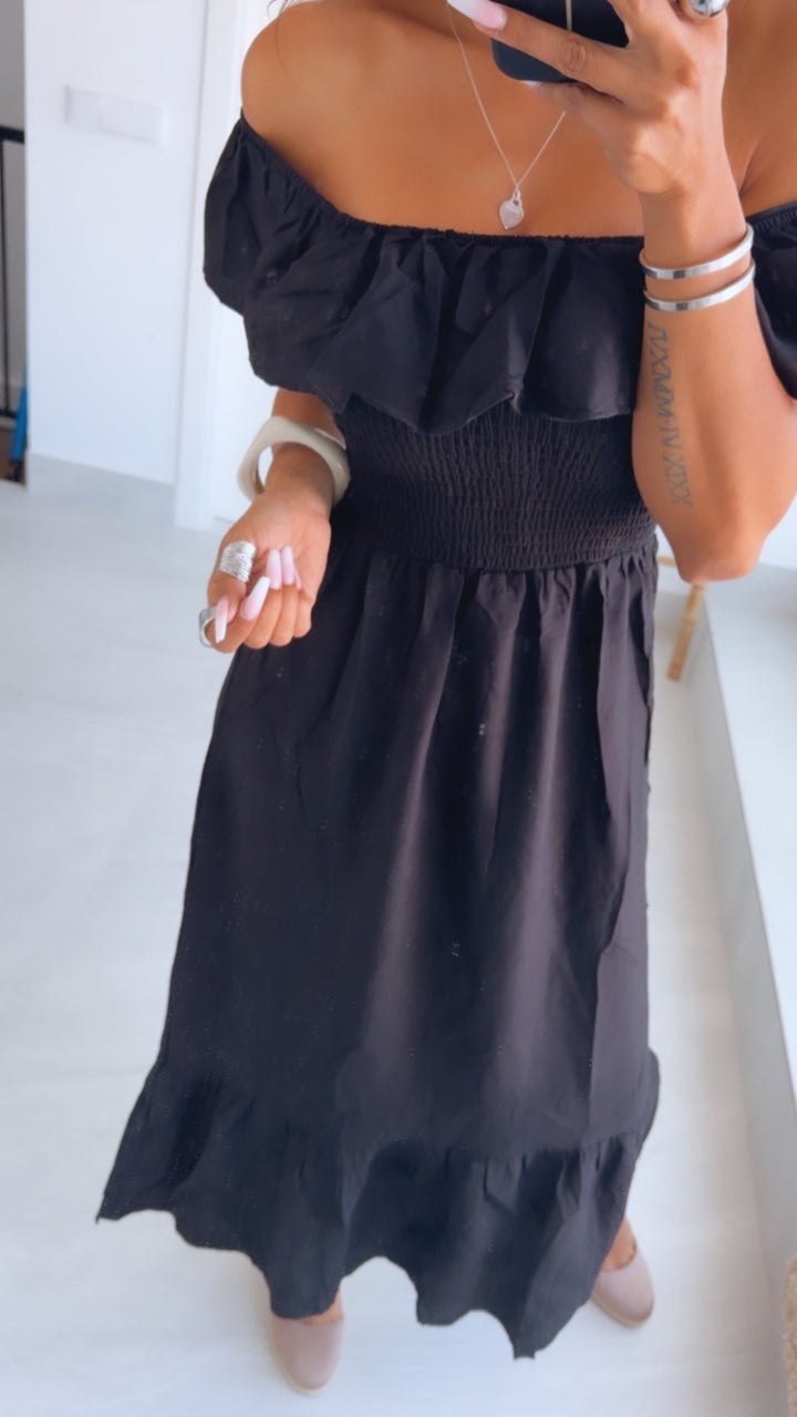 Off-Shoulder Volant Kleid mit gerafften Details /schwarz Art.15172