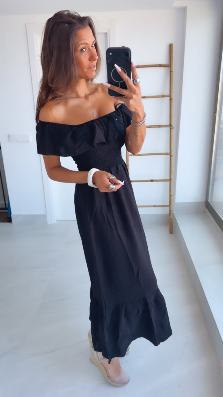 Off-Shoulder Volant Kleid mit gerafften Details /schwarz Art.15172