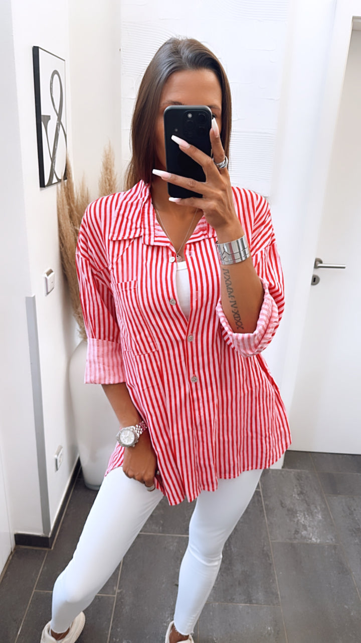 dünne Baumwoll Bluse mit Brusttasche, gestreift / rot - pink Art. 6749