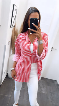 dünne Baumwoll Bluse mit Brusttasche, gestreift / rot - pink Art. 6749