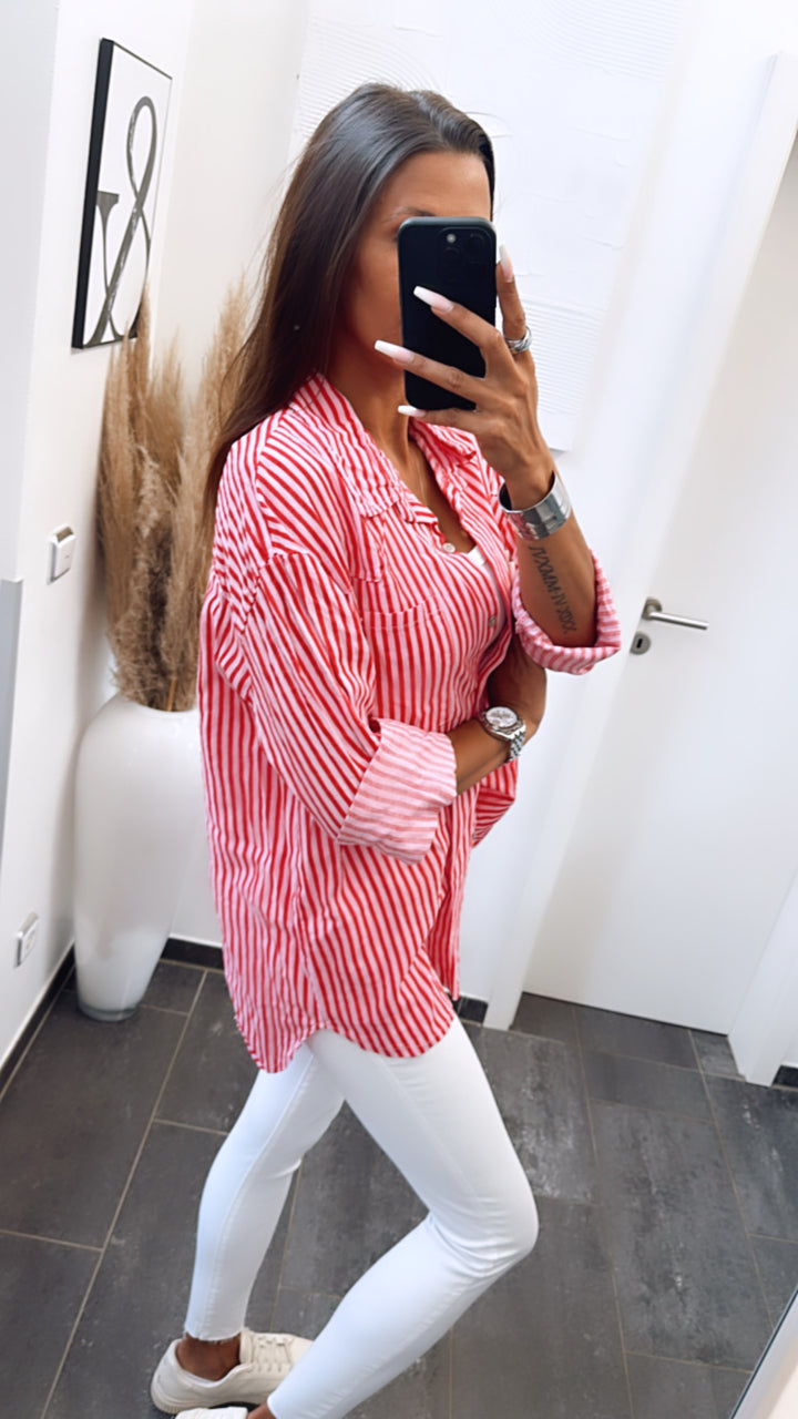 dünne Baumwoll Bluse mit Brusttasche, gestreift / rot - pink Art. 6749