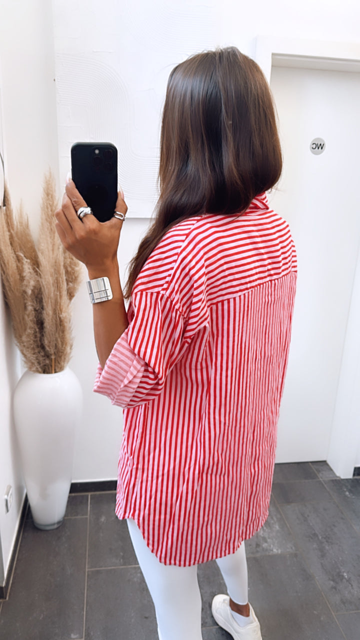 dünne Baumwoll Bluse mit Brusttasche, gestreift / rot - pink Art. 6749