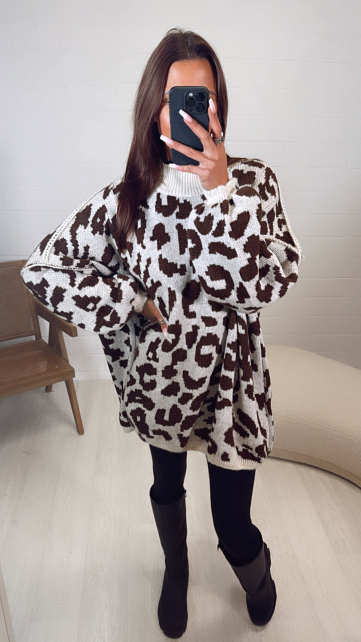 Long Pullover im Leo Muster / Creme - braun Art. 8040
